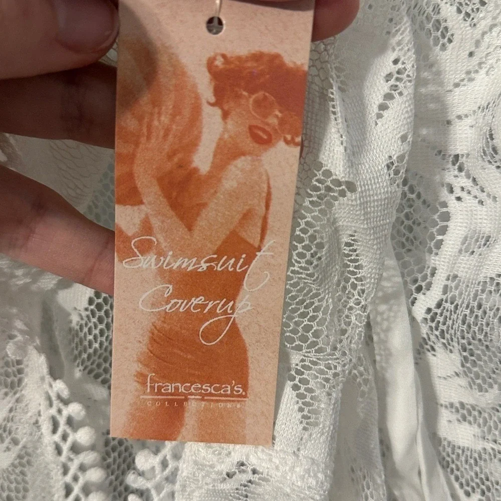 Francescas White Lace Palm Tree Swimsuit Coverup Shorts Pom Trim SM Beachy - Picture 4 of 7